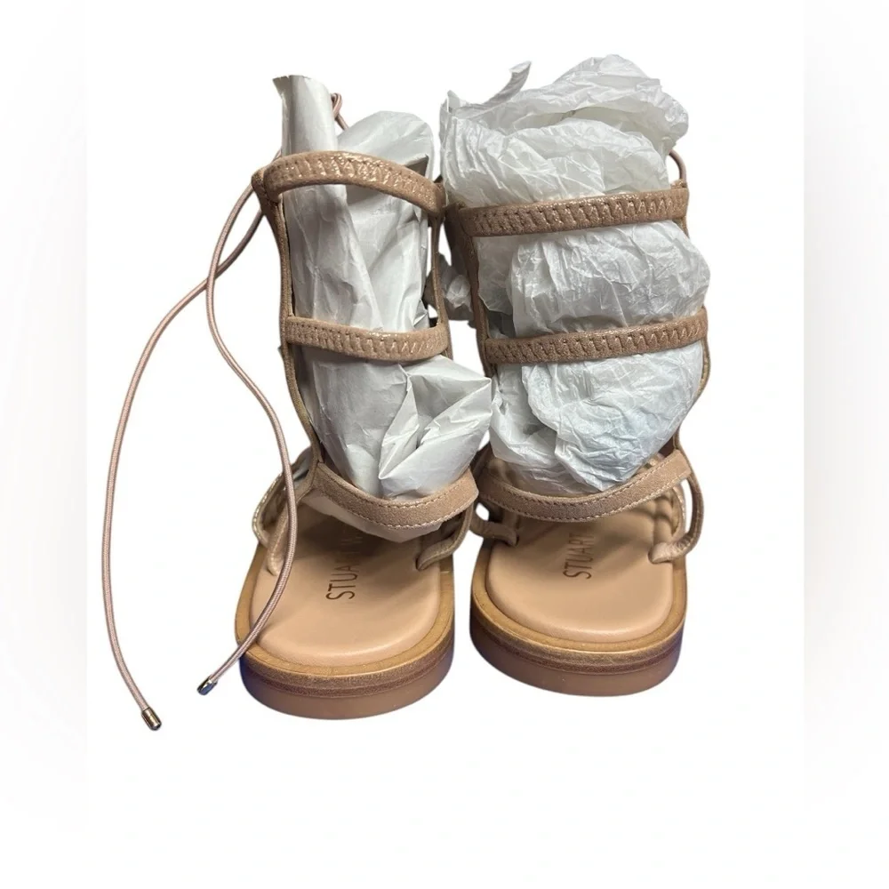 NIB Stuart Weitzman Kora Lace Up Gladiator Shimmer Suede Taupe Sandals 4.5
